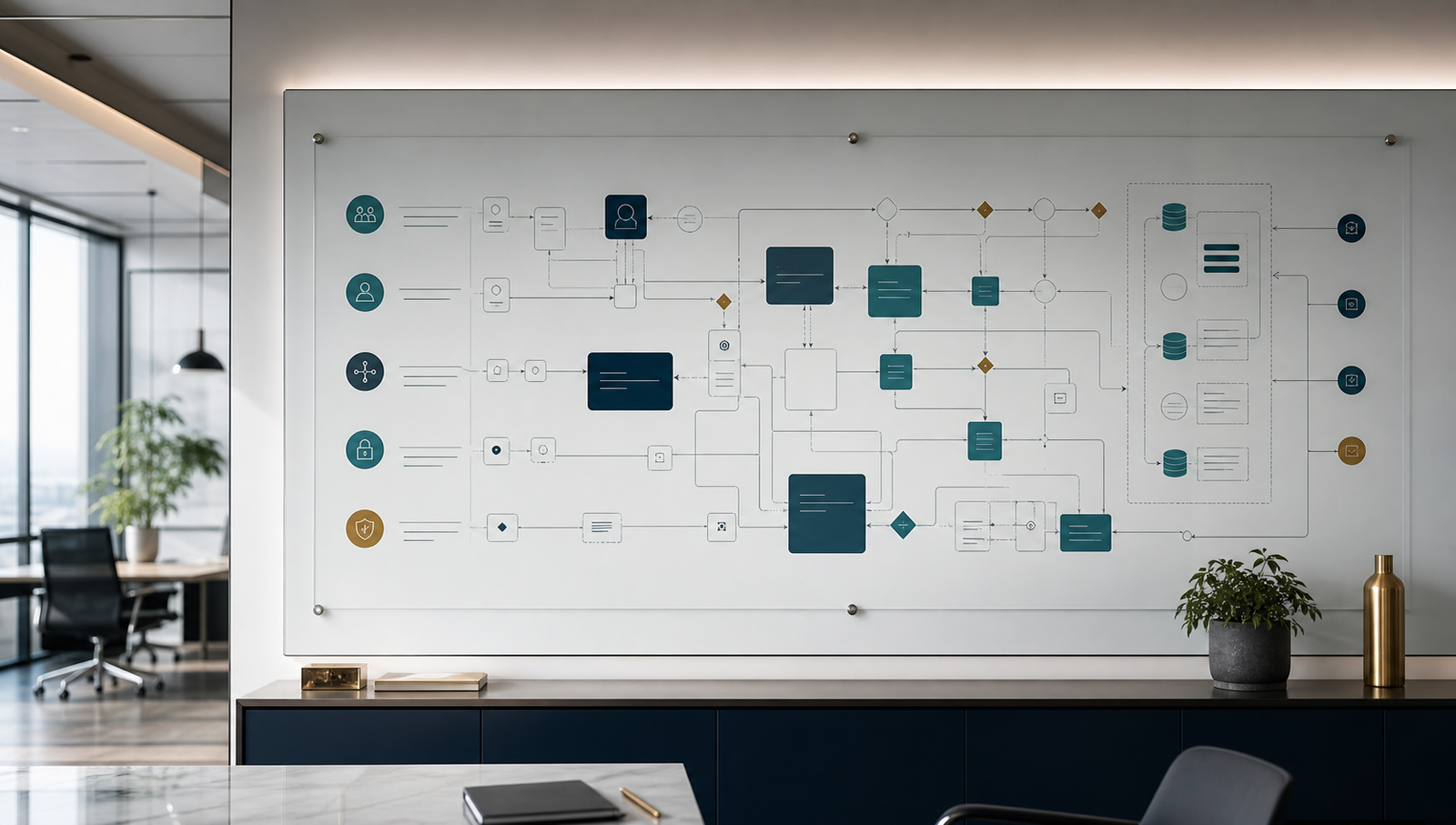 Abstract enterprise architecture workspace visual with connected system layers and decision markers.